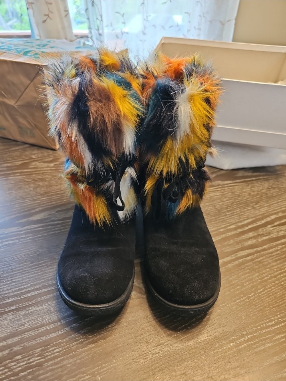 Sesto Meucci Black Suede Ankle Boots with Multicolor Faux-Fur Cuff